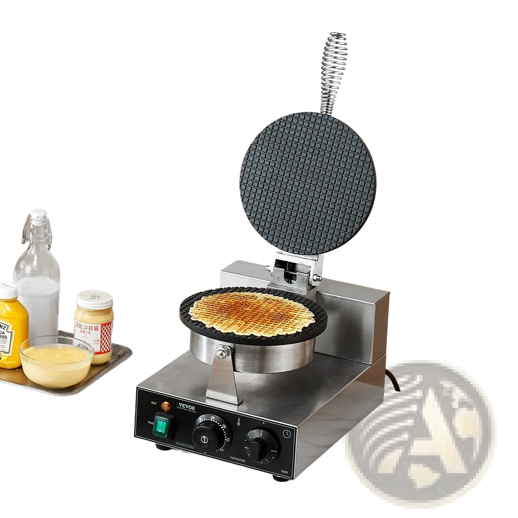Stainless steel waffle cone maker electric 1230w with black non-stick surface and spring-loaded lid making golden waffle