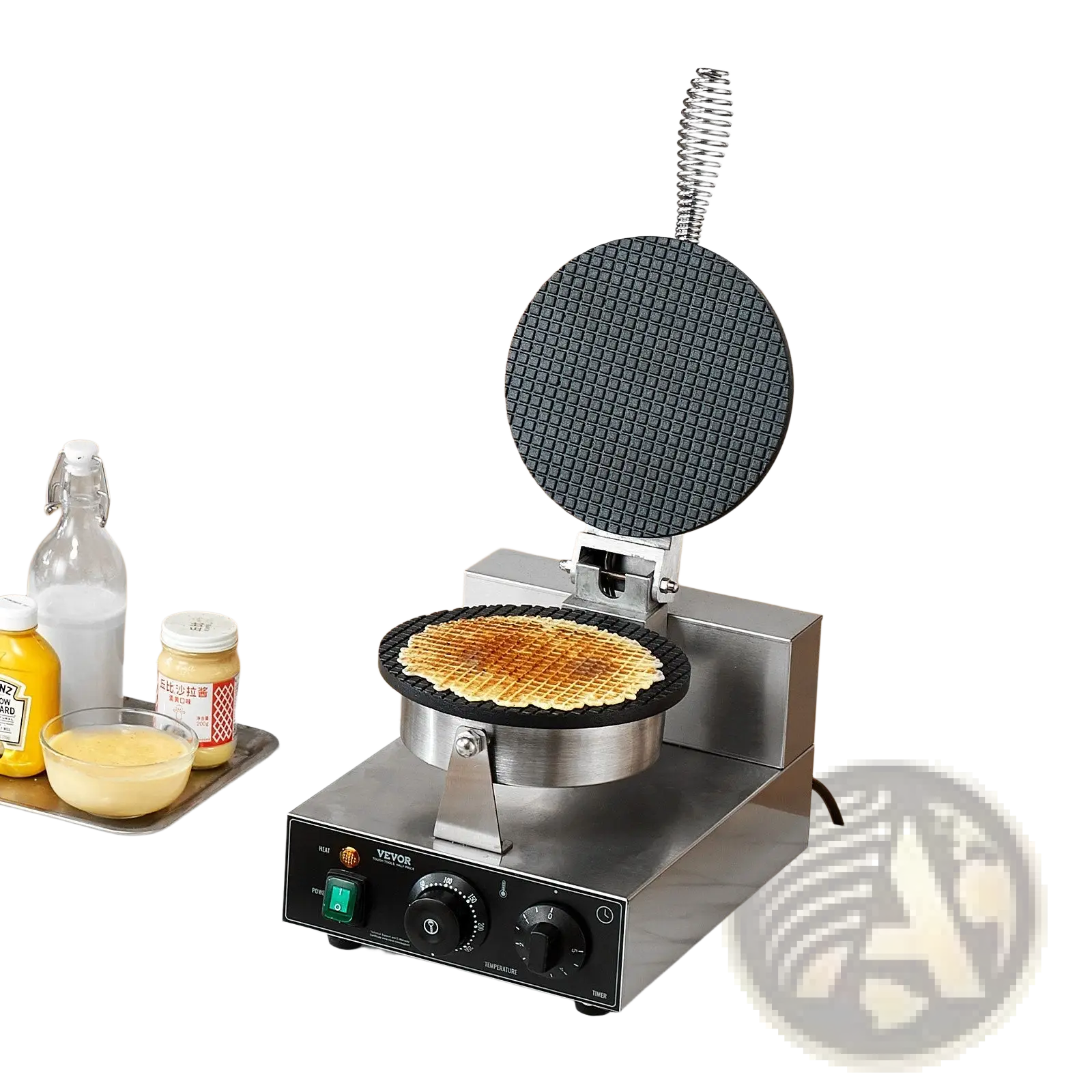 Stainless steel waffle cone maker electric 1230w with black non-stick surface and spring-loaded lid making golden waffle