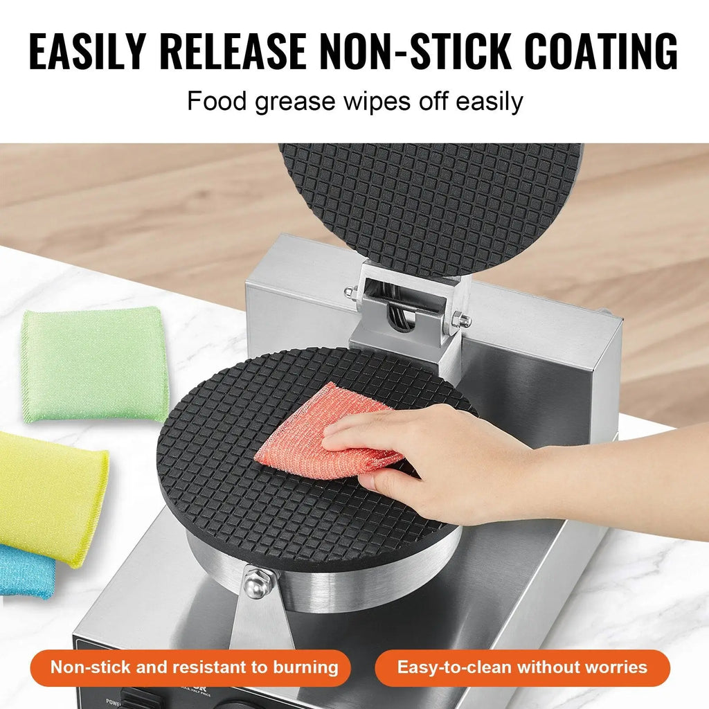 Stainless steel waffle cone maker electric 1230w with black grid-patterned non-stick cooking surface