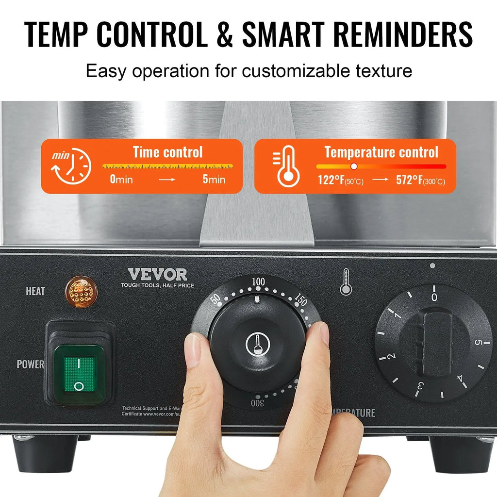 Stainless steel waffle cone maker electric 1230w with black control panel featuring temperature and time dials