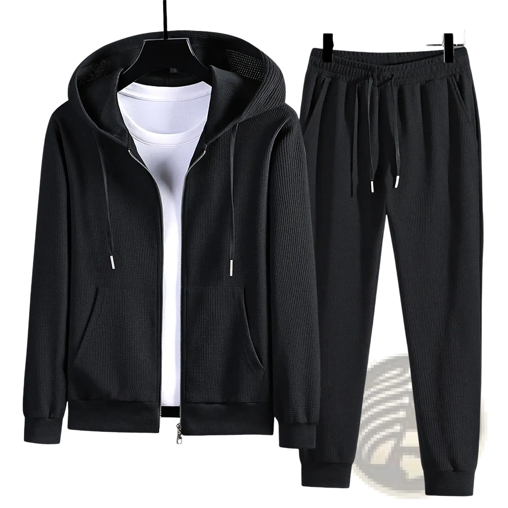 Black ribbed knit waffle hooded zip-up jacket and matching drawstring pants sportswear set front view