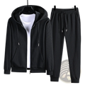 Black ribbed knit waffle hooded zip-up jacket and matching drawstring pants sportswear set front view