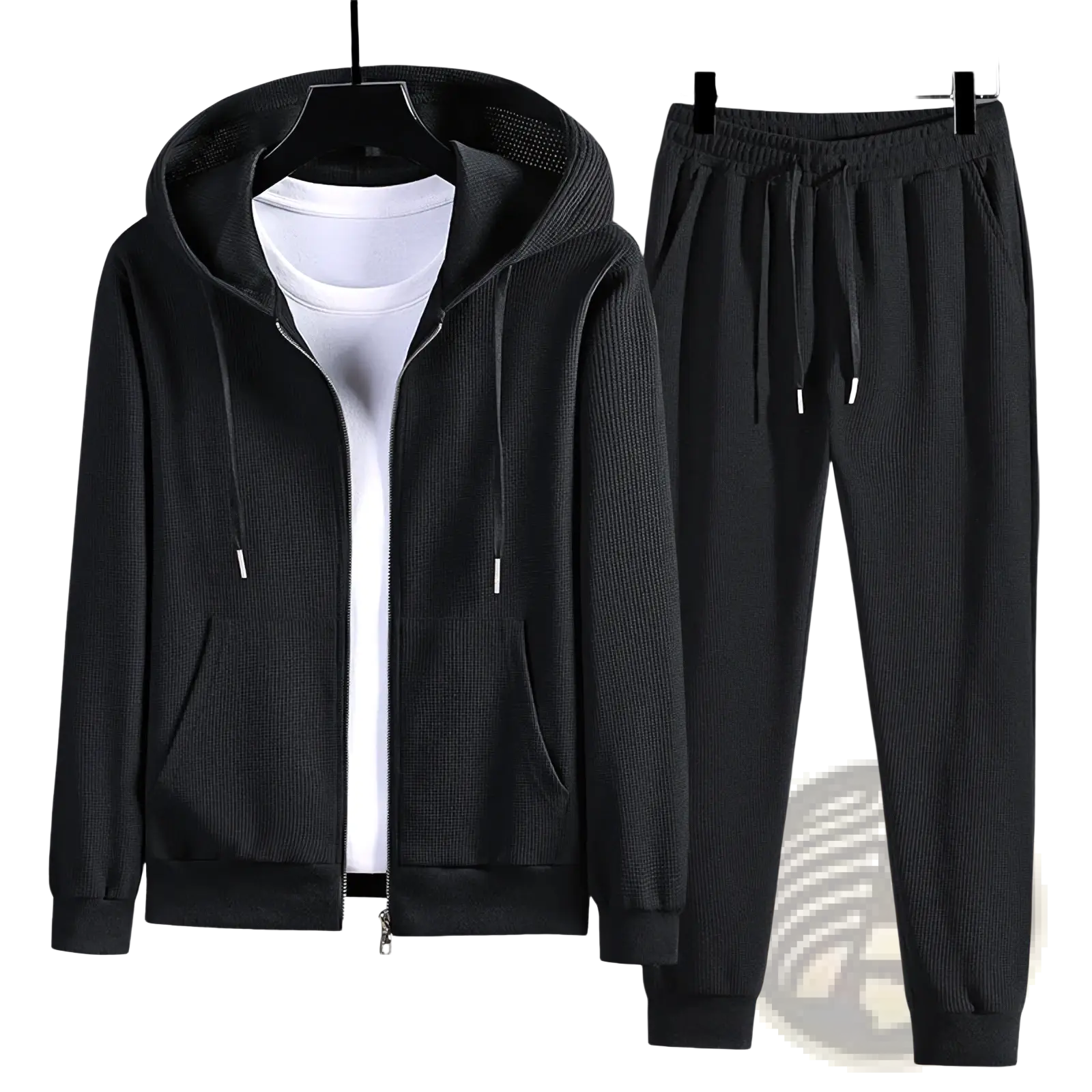 Black ribbed knit waffle hooded zip-up jacket and matching drawstring pants sportswear set front view