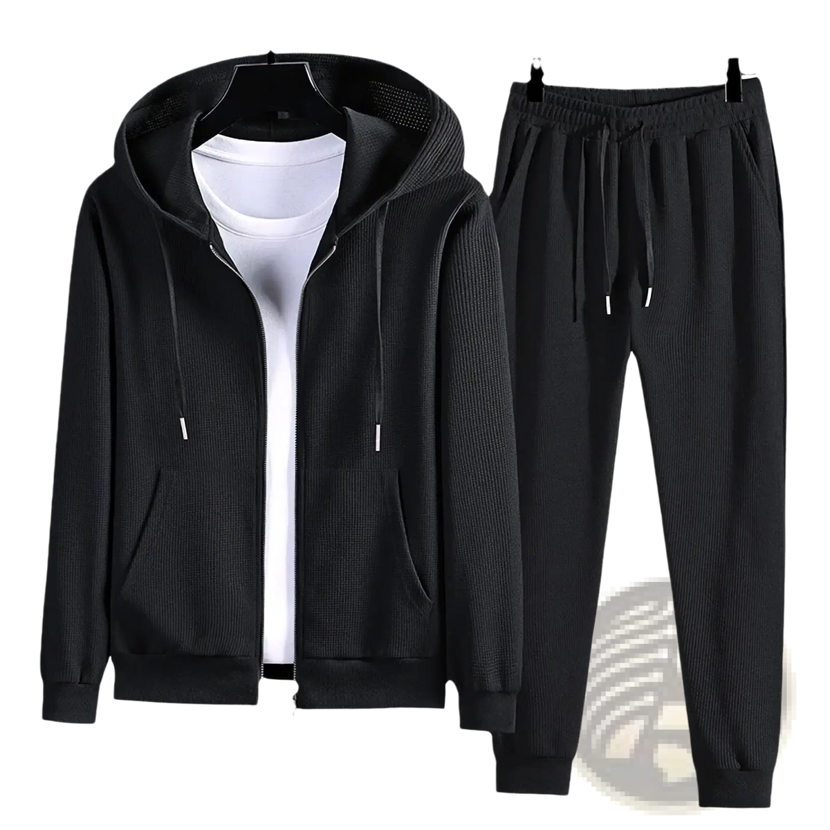 Black ribbed knit two-piece waffle hooded sportswear set with zip-up hoodie and drawstring pants for casual wear
