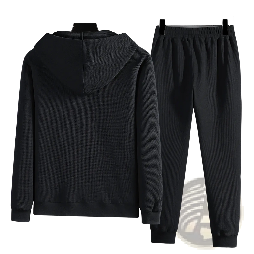 Black waffle textured hooded sweatshirt and matching jogger pants set designed for sportswear and casual wear