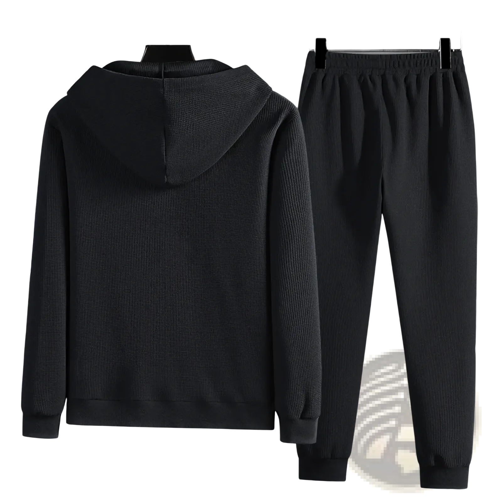 Black waffle textured hooded sweatshirt and matching jogger pants set designed for sportswear and casual wear