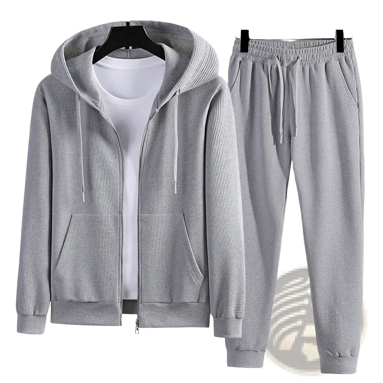 Gray textured waffle zip-up hoodie and matching joggers set made of breathable sportswear fabric for athletic use