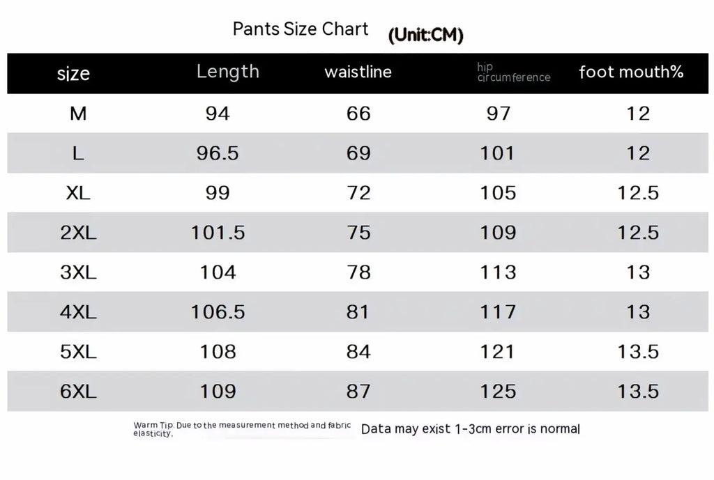 Pants size chart for waffle hooded sportswear set in black text on white background listing sizes m to 6xl
