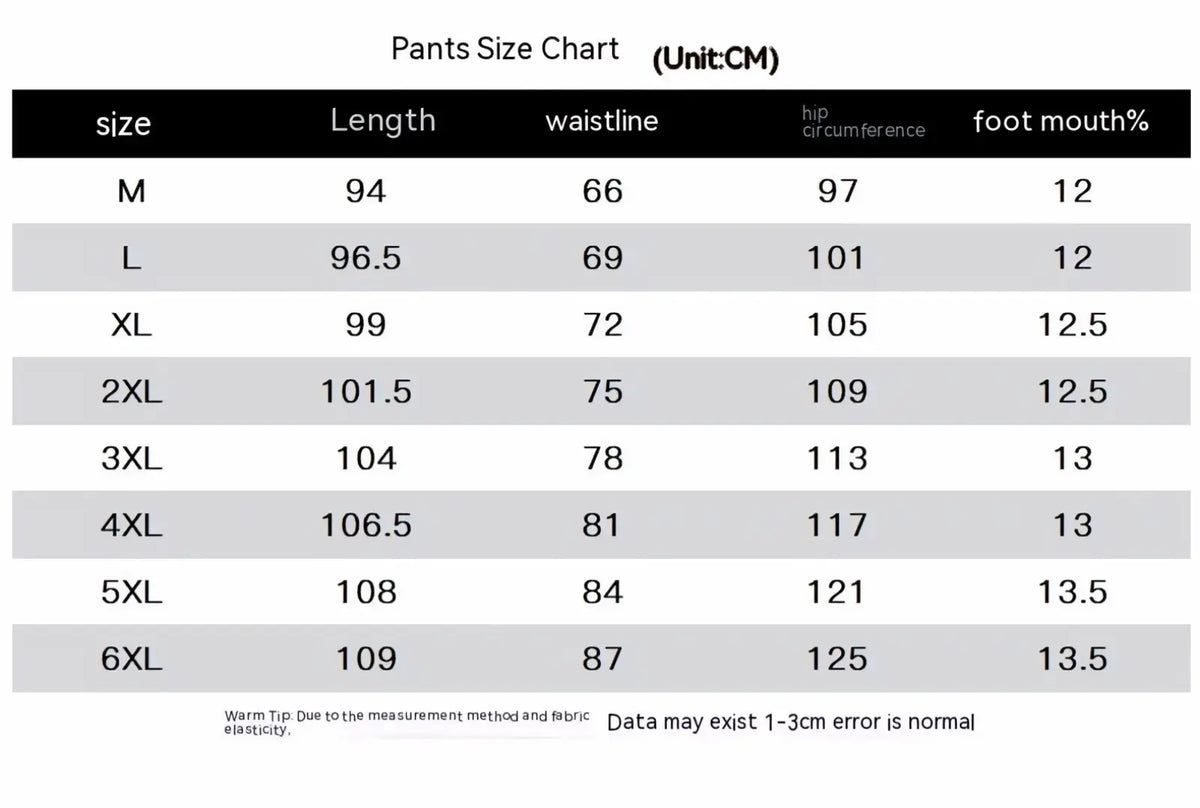 Pants size chart for waffle hooded sportswear set in black text on white background listing sizes m to 6xl