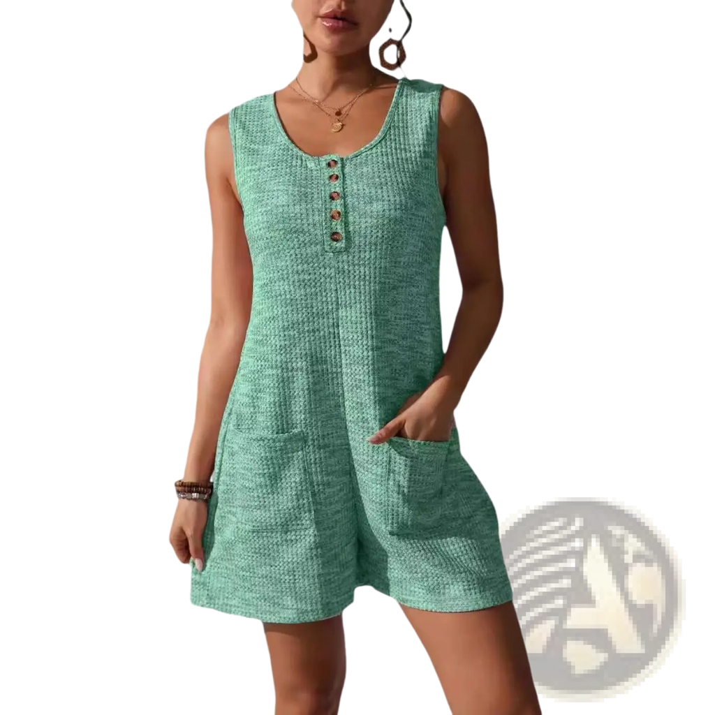 A sleeveless mint green waffle knit button front jumpsuit with textured fabric and side pockets