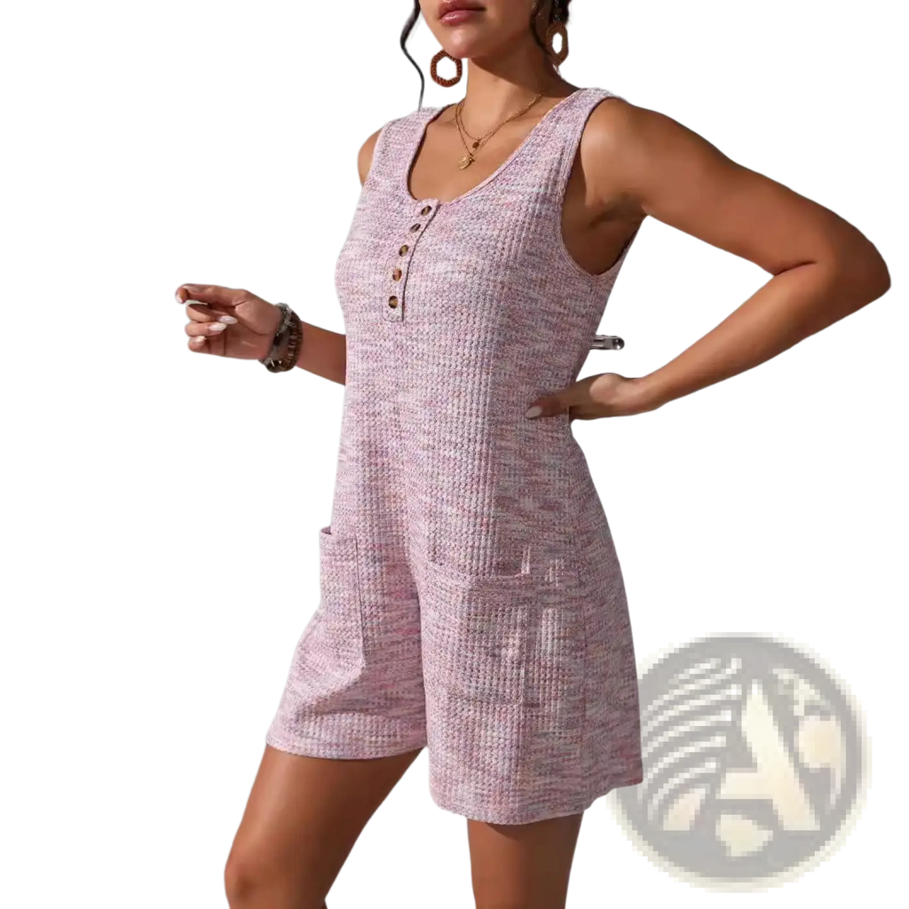 A pink waffle knit sleeveless romper with button front neckline and side pockets