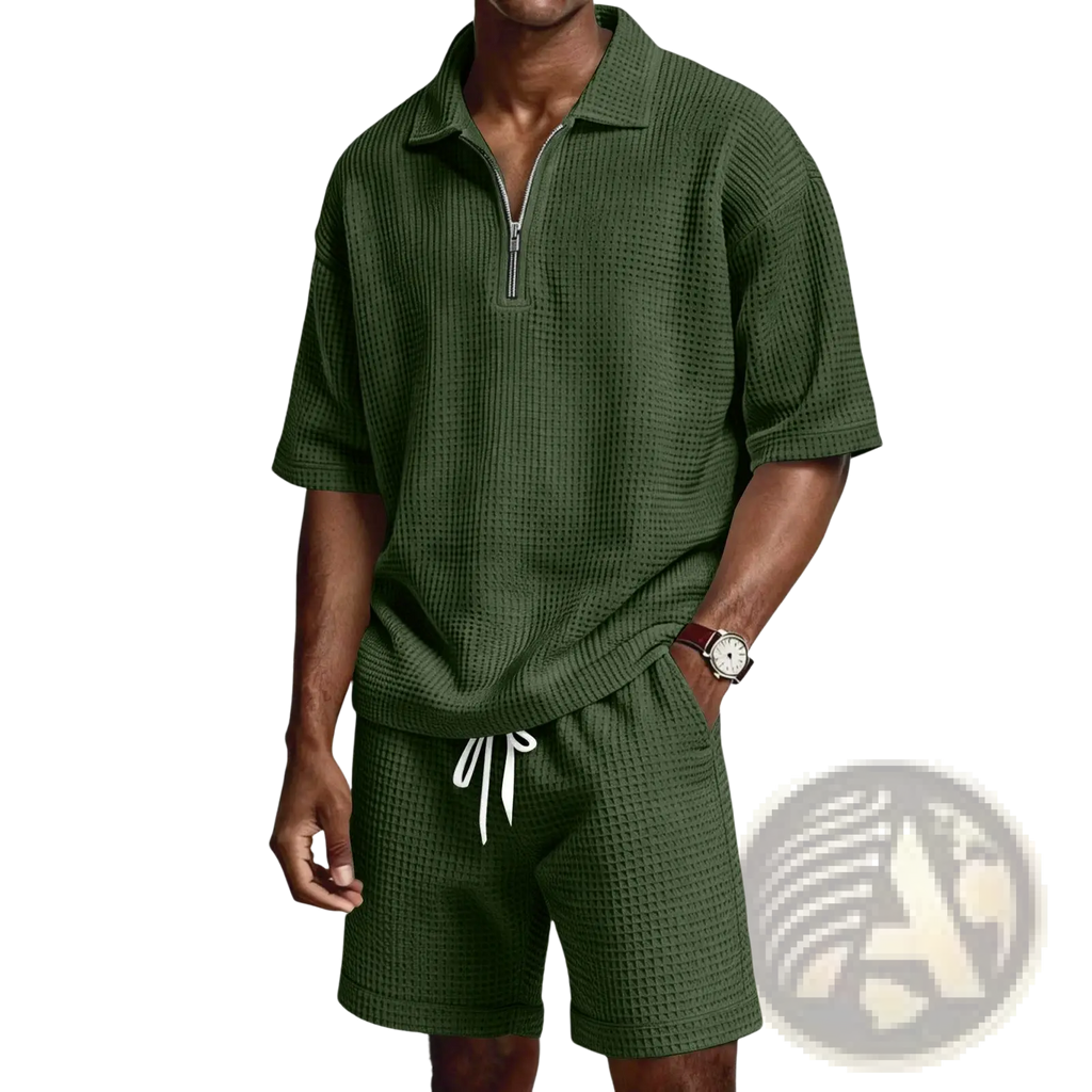 Dark green waffle knit polo shirt with half zip front and short sleeves in the waffle knit half zip short set
