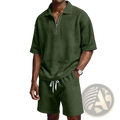 Dark green waffle knit polo shirt with half zip front and short sleeves in the waffle knit half zip short set