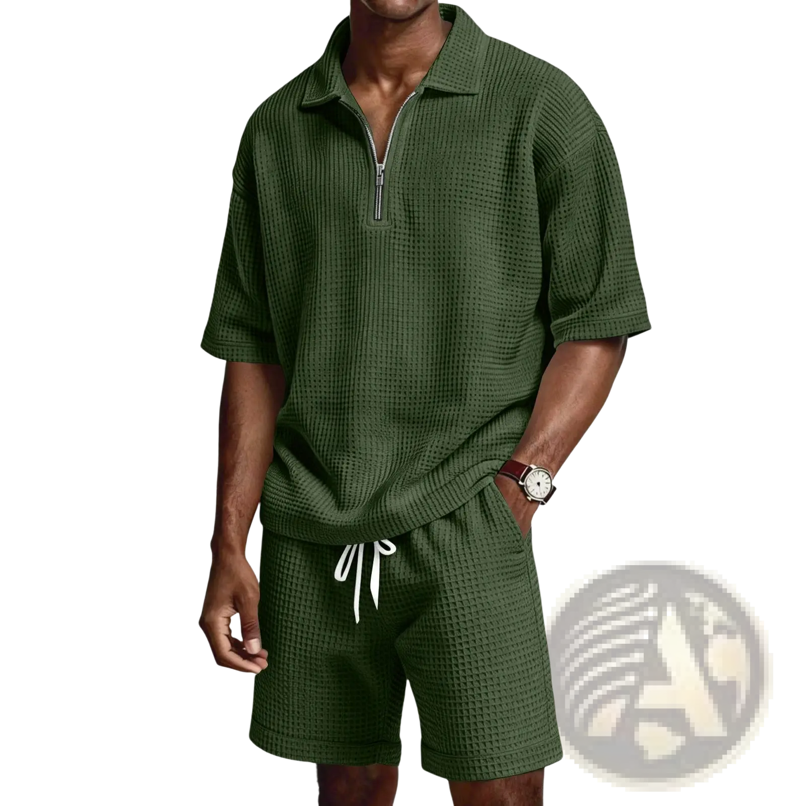 Dark green waffle knit polo shirt with half zip front and short sleeves in the waffle knit half zip short set