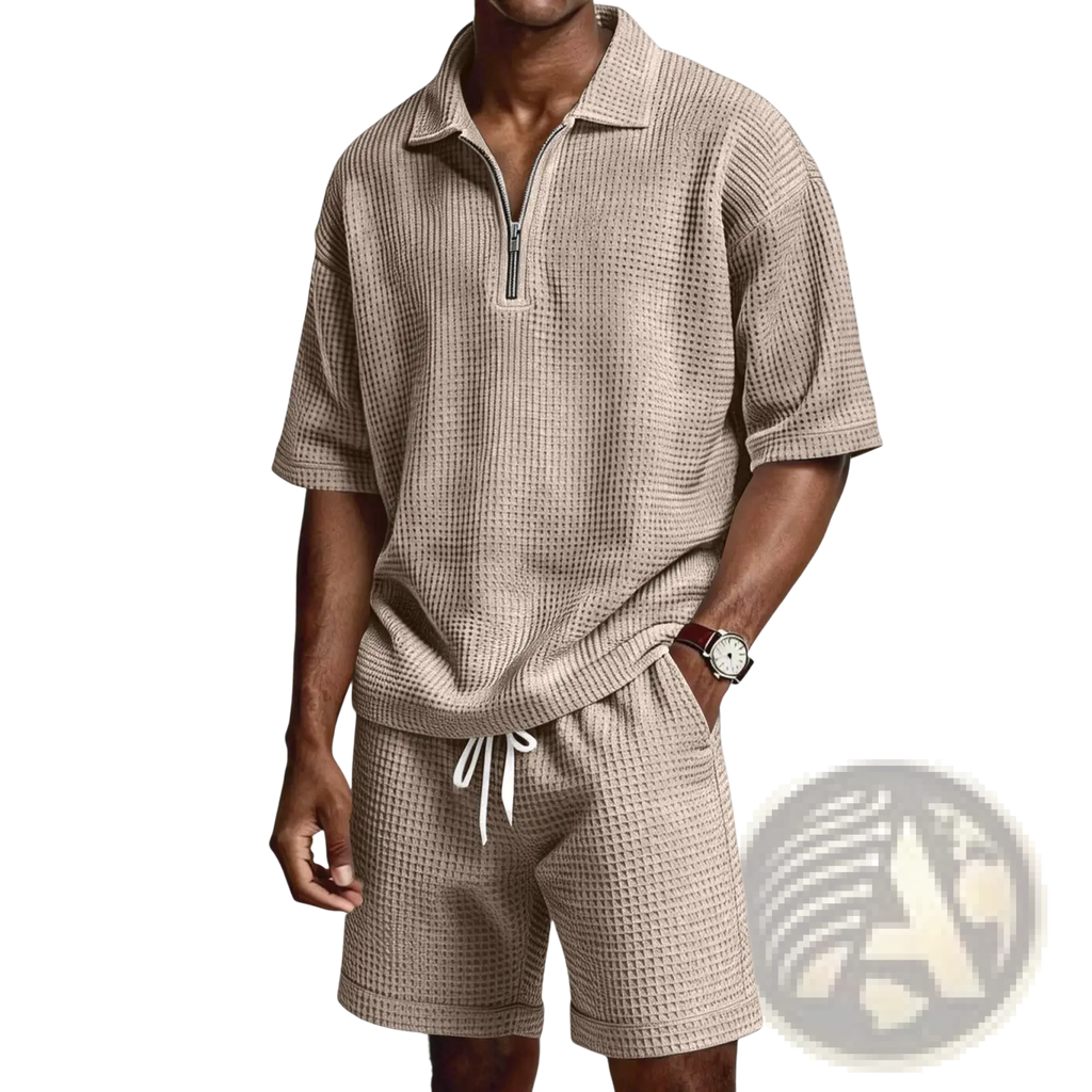 Beige waffle-knit two-piece set with short-sleeved half-zip polo top and drawstring waist shorts