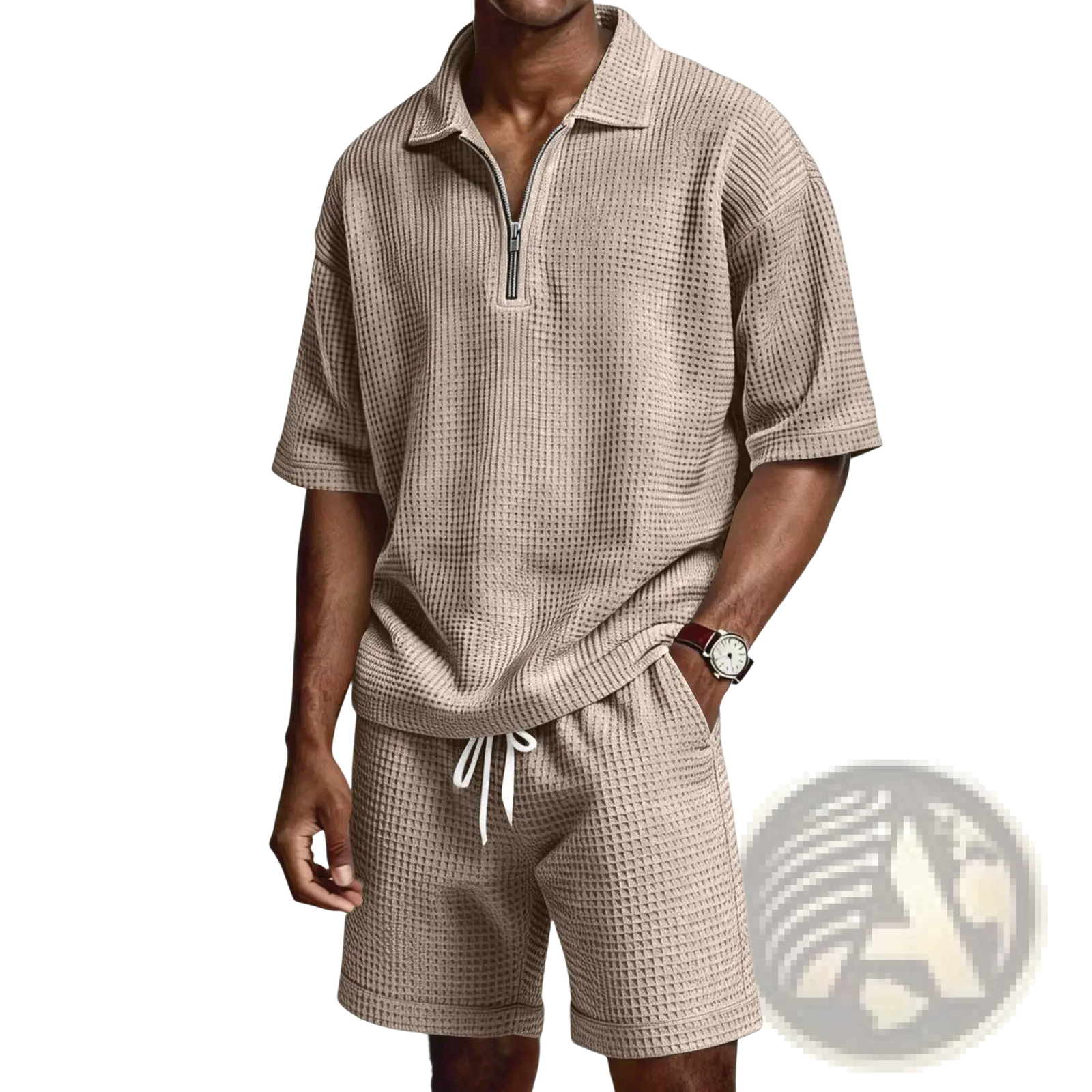 Beige waffle-knit two-piece set with short-sleeved half-zip polo top and drawstring waist shorts