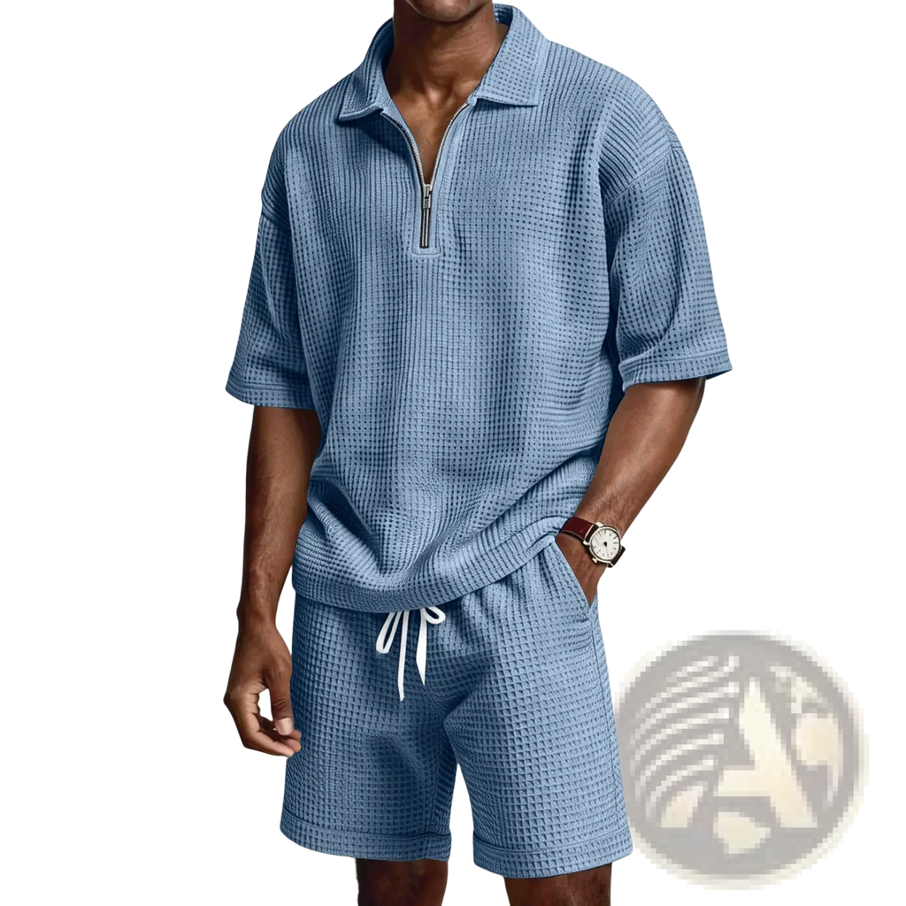 Light blue waffle knit two-piece short set with half zip polo top and matching shorts with white drawstrings