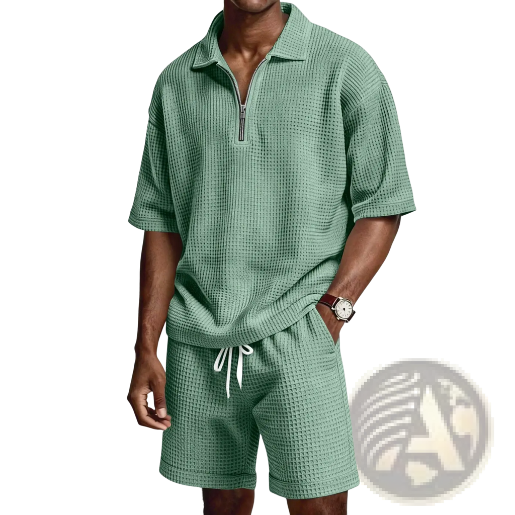 A man wearing a mint green waffle knit half zip short set with short sleeves and white drawstring shorts