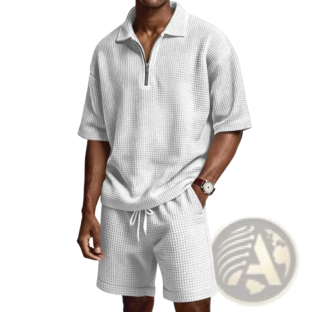 White waffle knit two-piece set with short-sleeved half-zip polo shirt and drawstring waist shorts