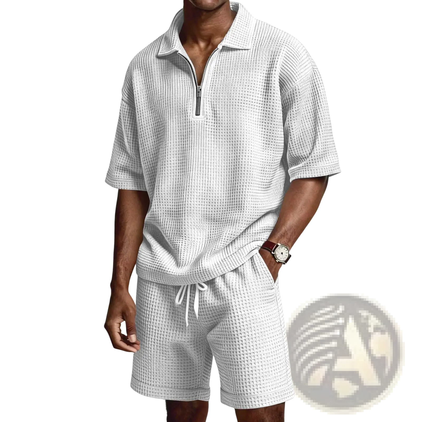 White waffle knit two-piece set with short-sleeved half-zip polo shirt and drawstring waist shorts