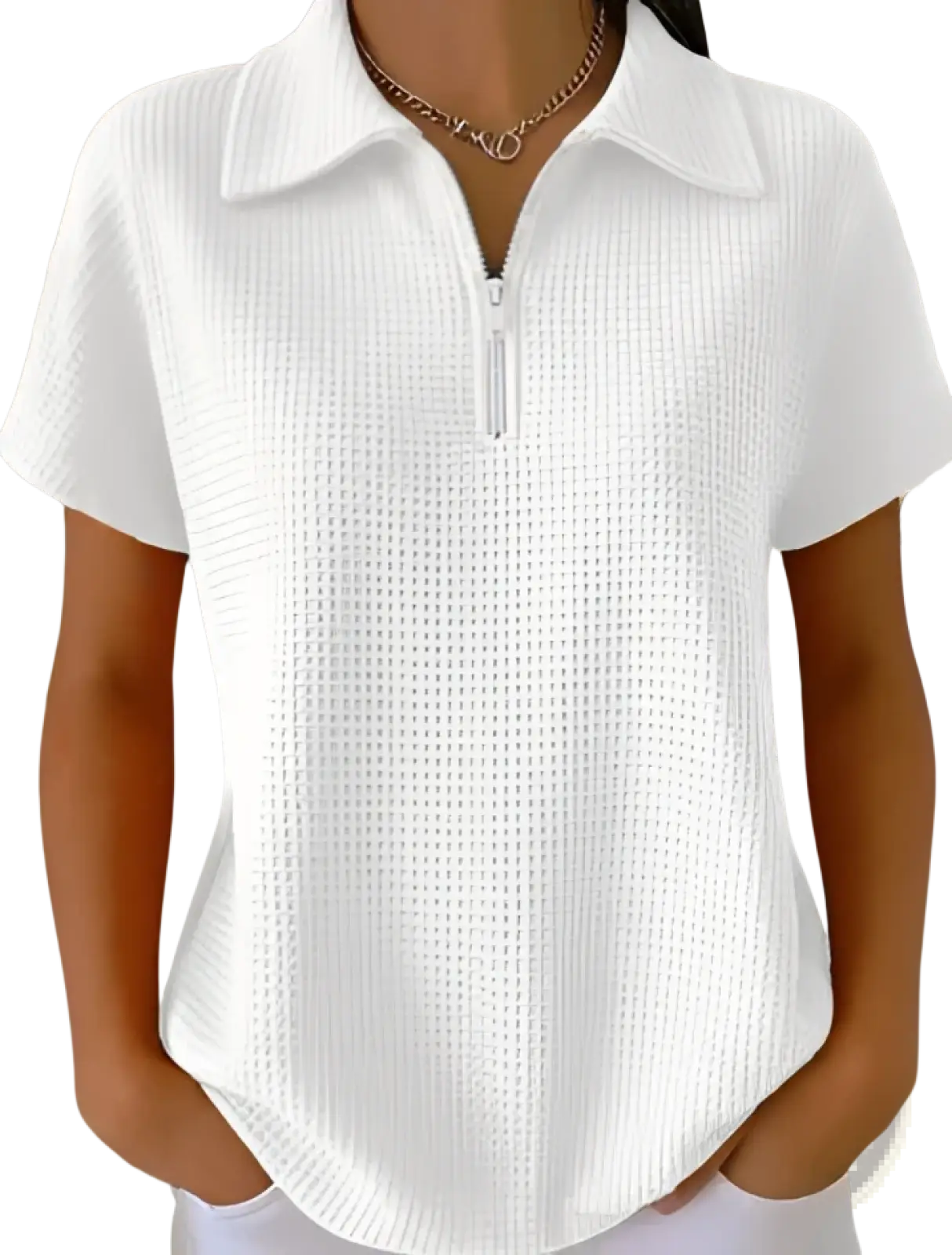 White waffle knit half zip short sleeve polo shirt with ribbed texture and front zipper closure