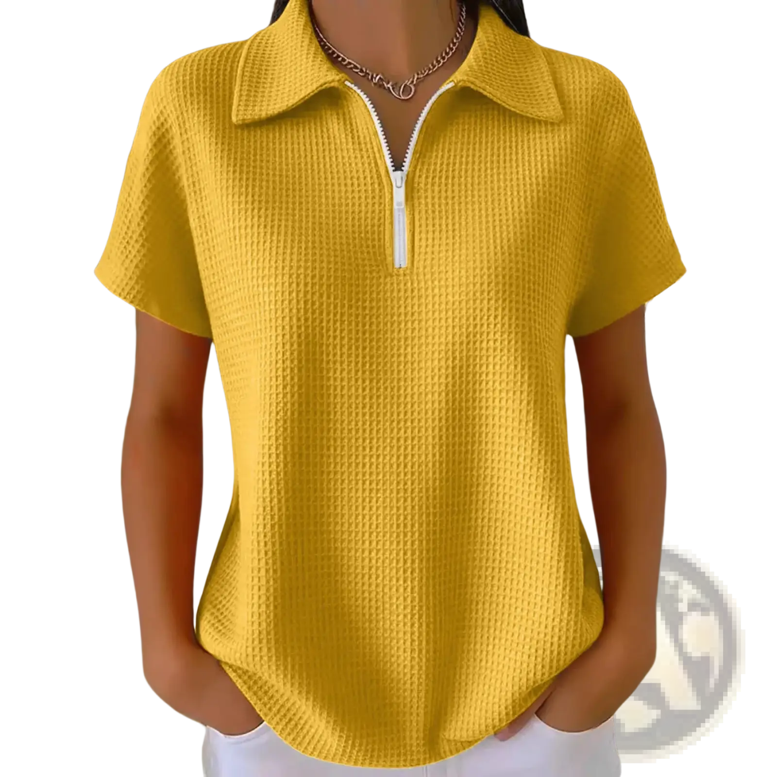 Bright yellow waffle knit half zip short sleeve polo shirt with white zipper and collar for casual wear