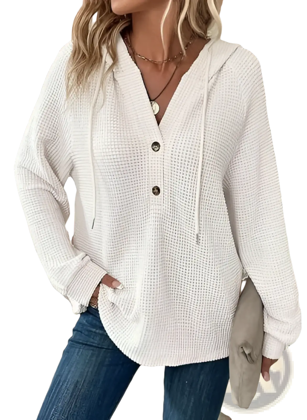 Cream-colored waffle knit v neck button front hoodie with three dark buttons and hood drawstrings