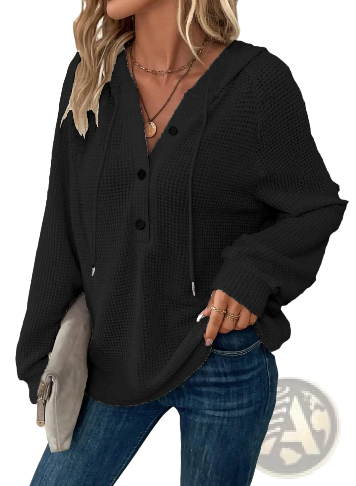 Black waffle-knit v neck hoodie with button front and drawstring hood made from textured knit fabric