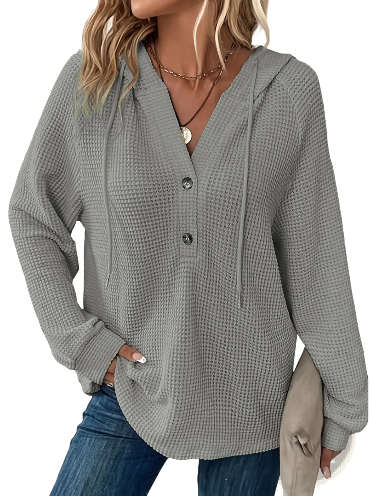 Gray waffle knit v neck button front hoodie with drawstring neckline and hood in soft textured fabric