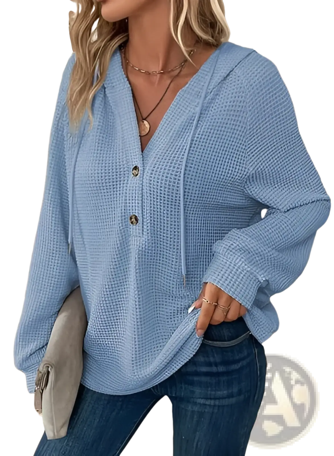 Light blue waffle knit v neck hoodie with front buttons combining comfort and casual style