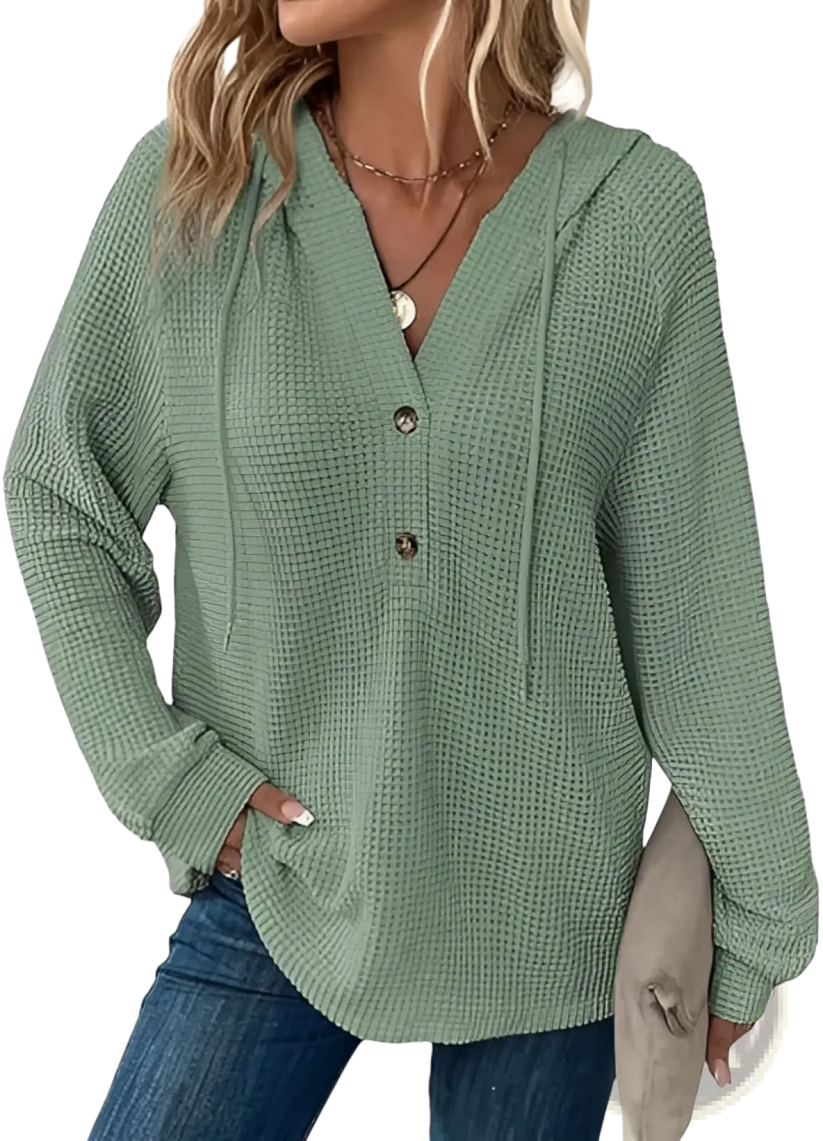 A soft sage green waffle knit v neck button front hoodie with drawstring hood for casual wear