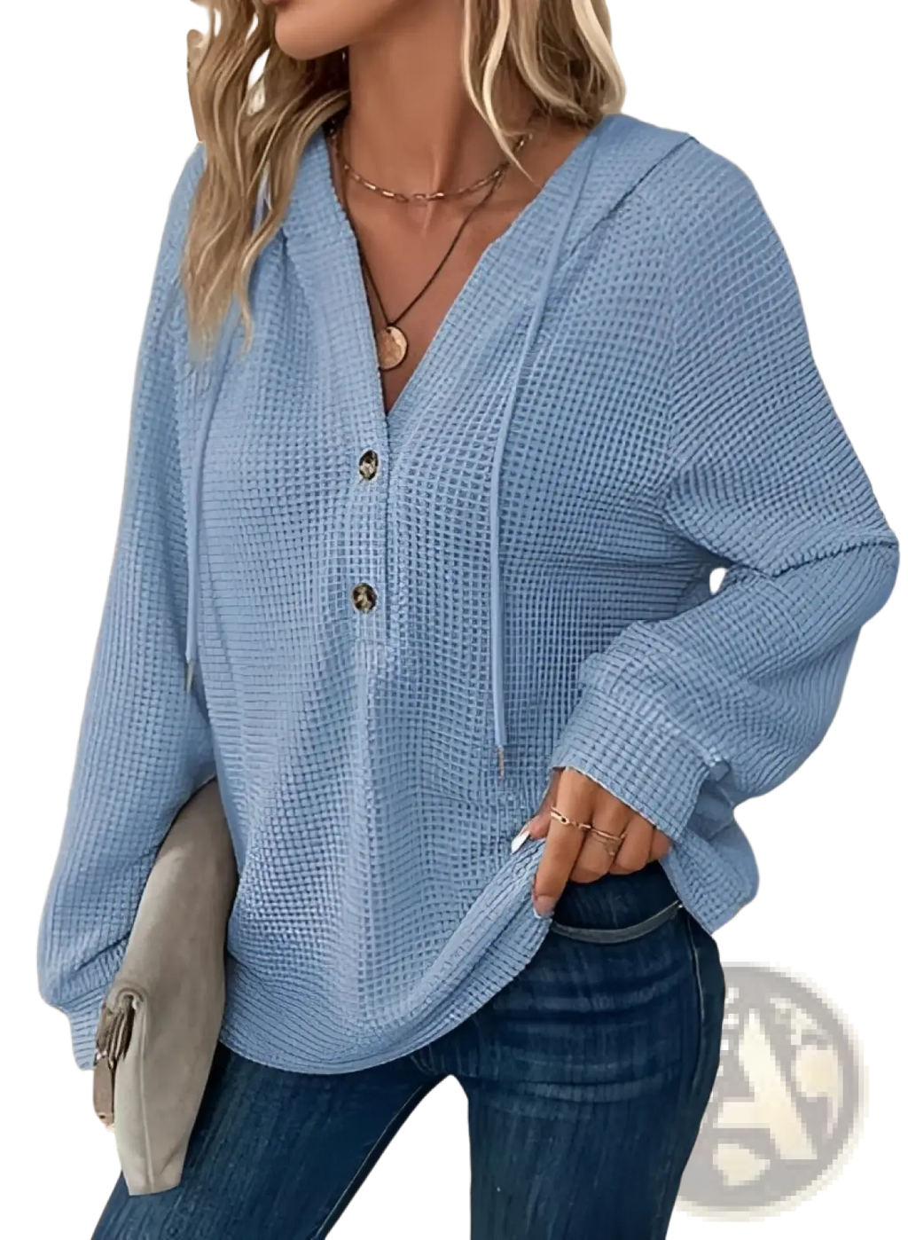 Light blue waffle knit v neck hoodie with front buttons made of textured fabric for casual wear
