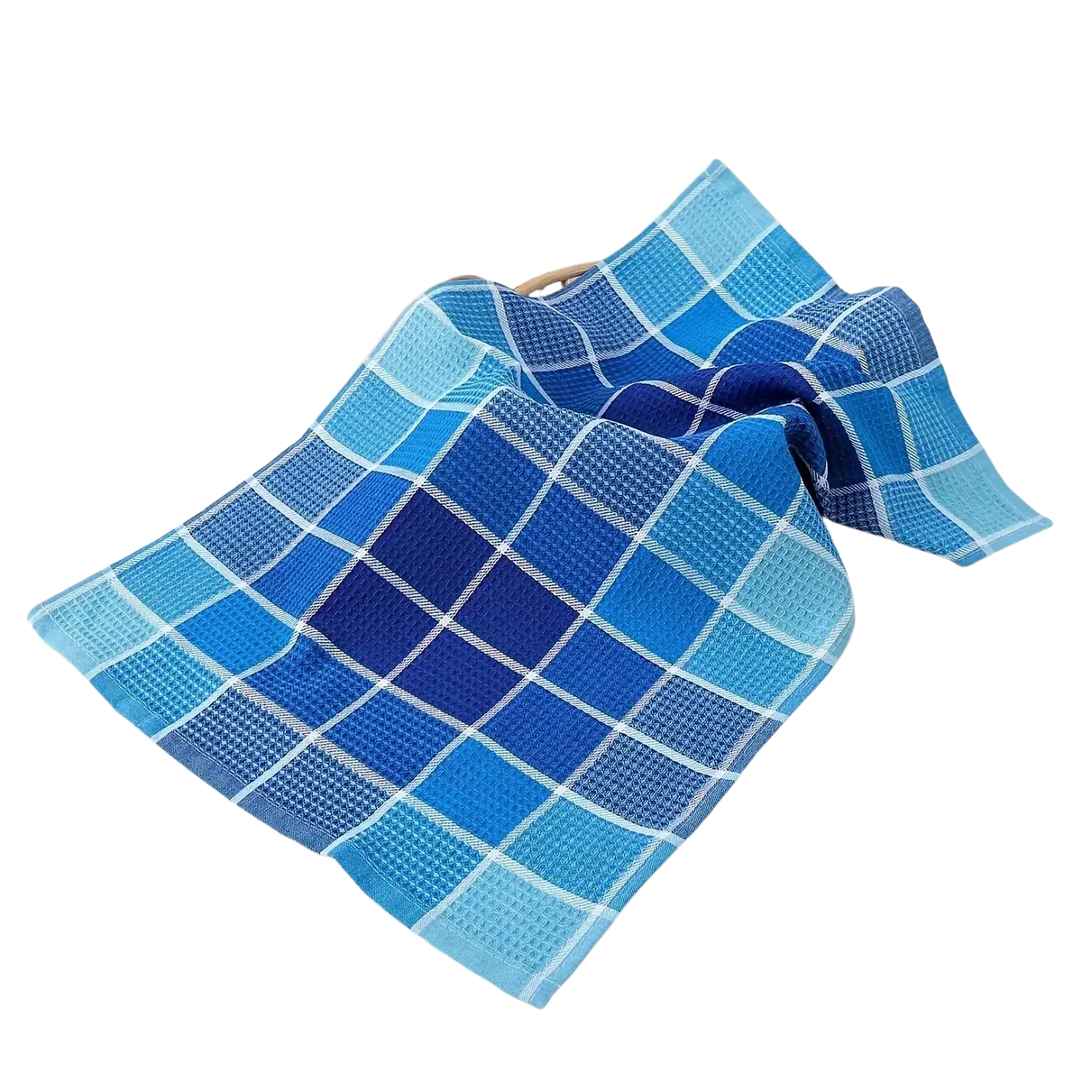 Blue checkered waffle weave kitchen dish cloth with textured absorbent fabric and white grid lines