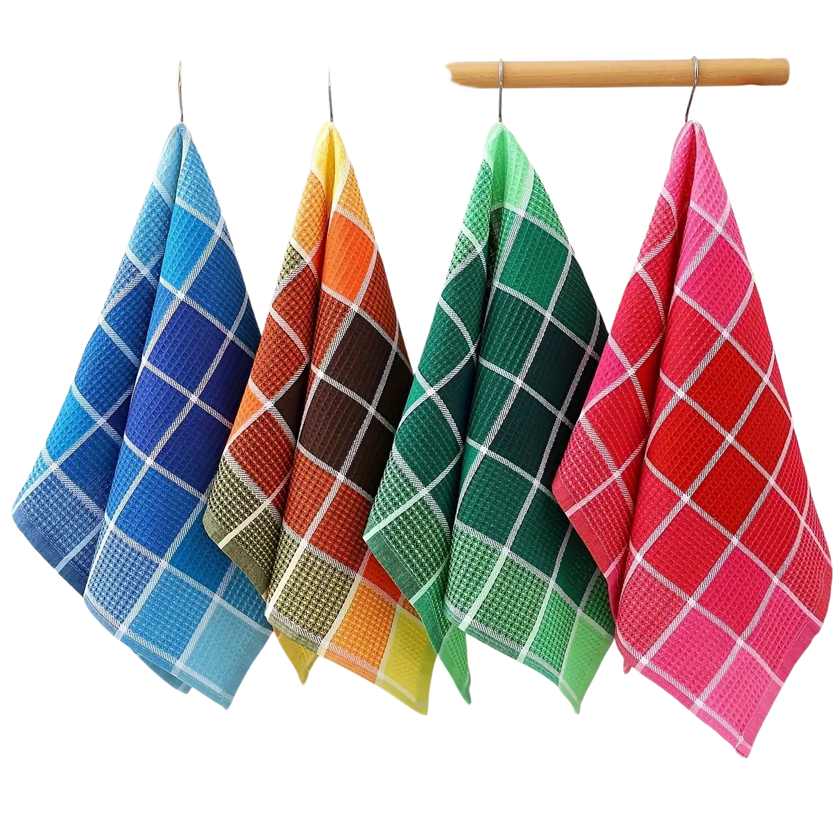 Four colorful waffle weave kitchen dish cloths in blue orange brown yellow green and pink absorbent towels