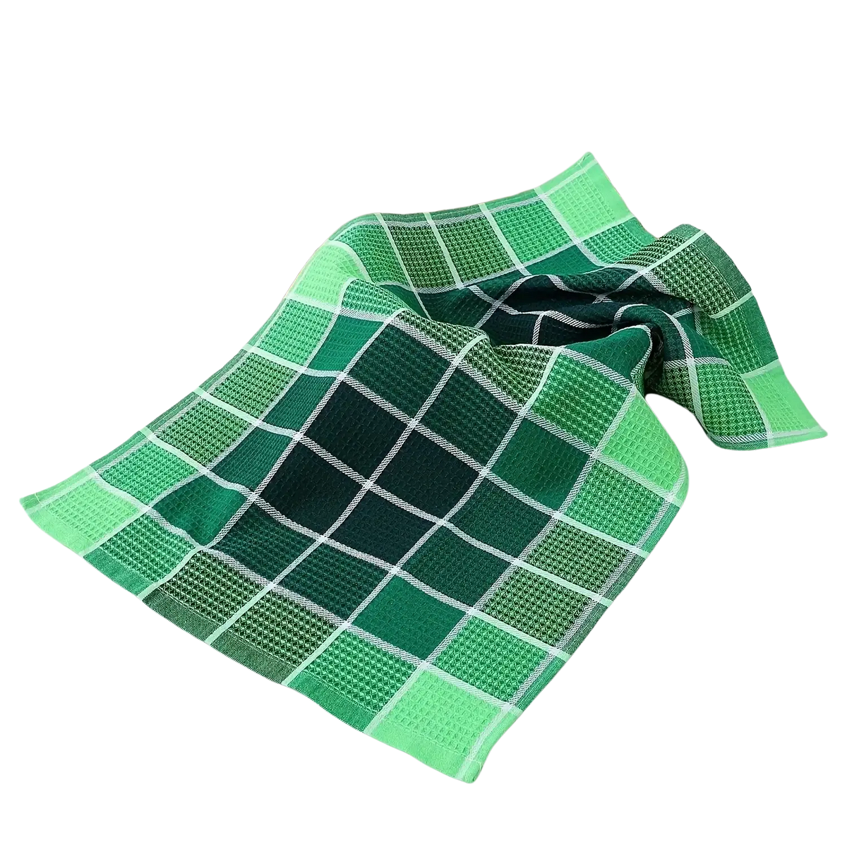 A green and white checkered waffle weave kitchen dish cloth absorbent towel with a textured woven pattern