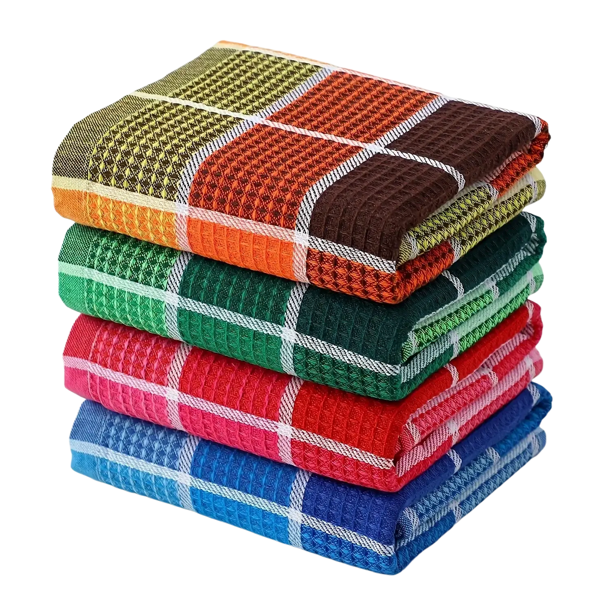 Stack of colorful waffle weave kitchen dish cloths in vibrant plaid patterns for absorbent towel use