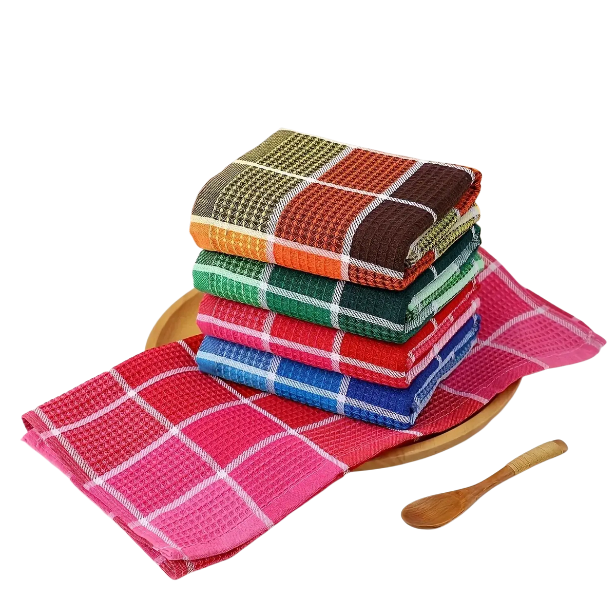 Stack of colorful waffle weave kitchen dish cloths in vibrant plaid patterns, absorbent and ideal for kitchen use