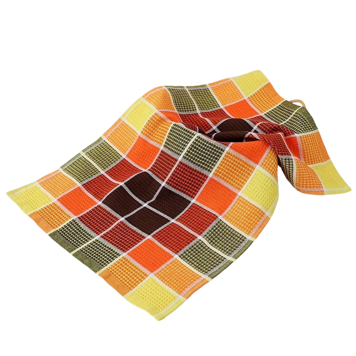A vibrant multicolored waffle weave kitchen dish cloth in orange yellow green and brown for absorbent drying