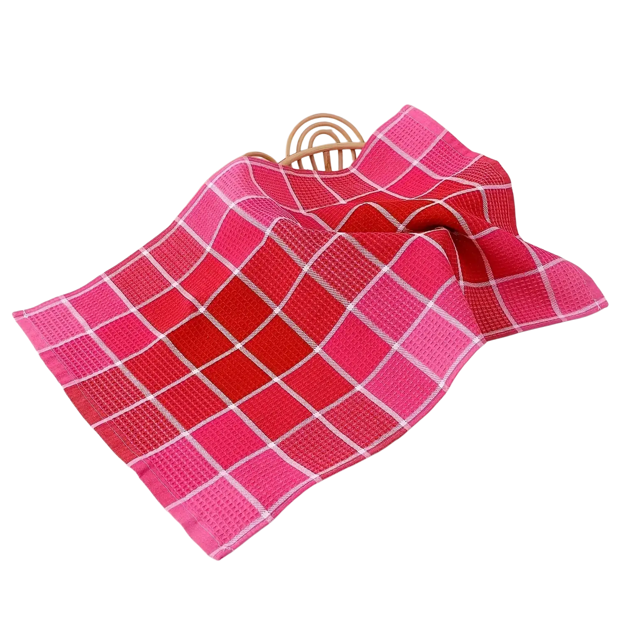 A vibrant pink and red checkered waffle weave kitchen dish cloth with white grid lines designed for absorbent use