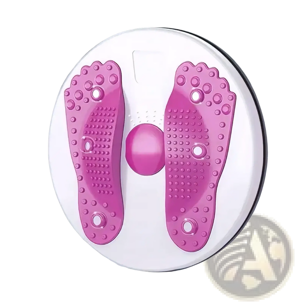 Pink foot-shaped massage roller with textured surface and white circular base for waist twisting disc fitness