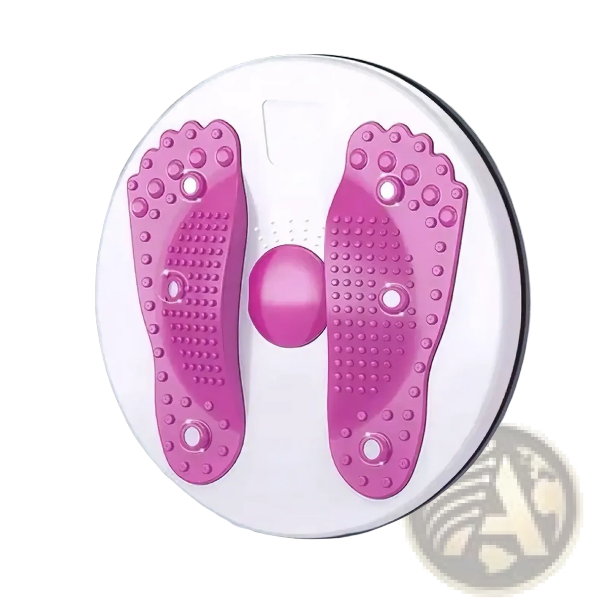 Pink foot-shaped massage roller with textured surface and white circular base for waist twisting disc fitness
