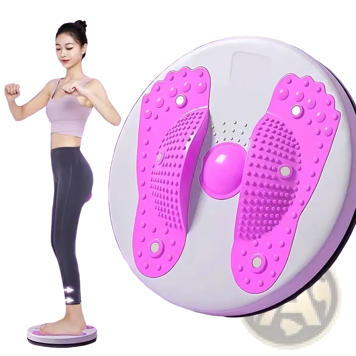 Waist twisting disc core and abdomen fitness exercise pad in pink and white with textured foot-shaped massage surface