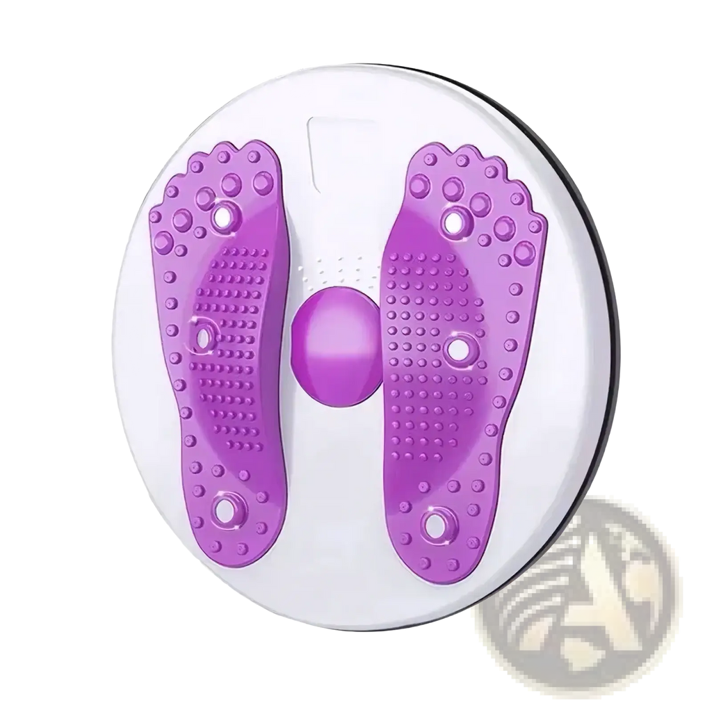 Waist twisting disc with purple foot-shaped exercise pads on white textured grip base for core and abdomen fitness
