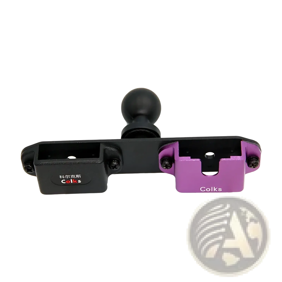 Purple and black walkie talkie 1/4 ball joint mount bracket car phone holder showing the back side