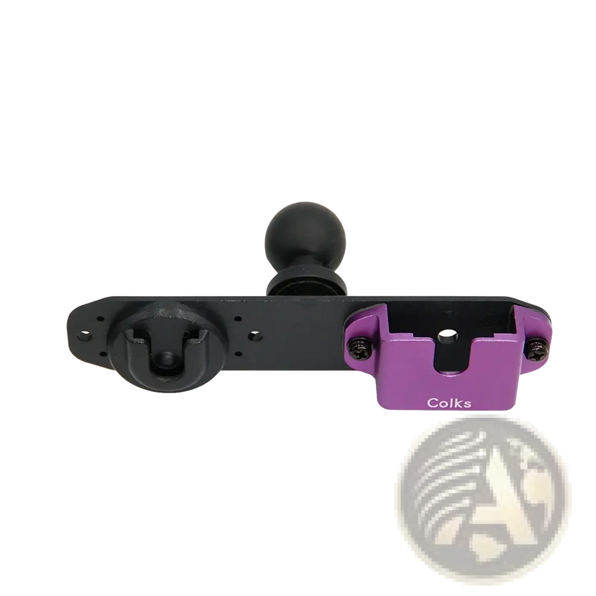 Purple and black walkie talkie 1/4 ball joint mount bracket with adjustable ball joint for versatile positioning