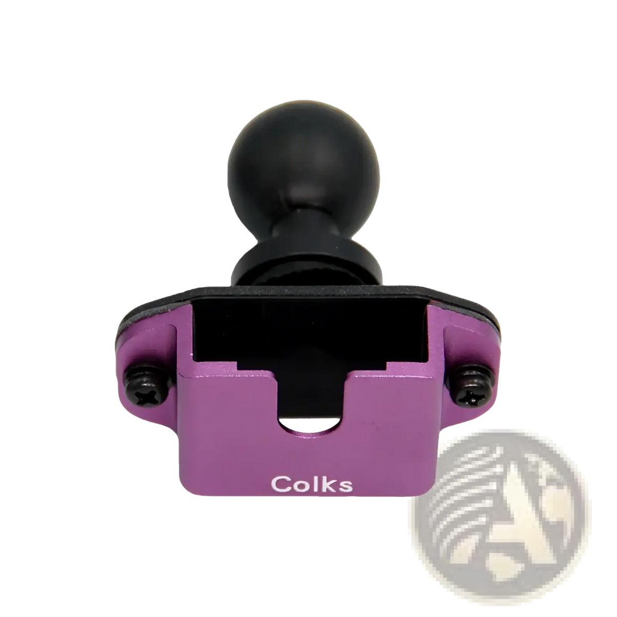 Purple aluminum walkie talkie 1/4 ball joint mount bracket with black rubberized ball and base shown from the back side