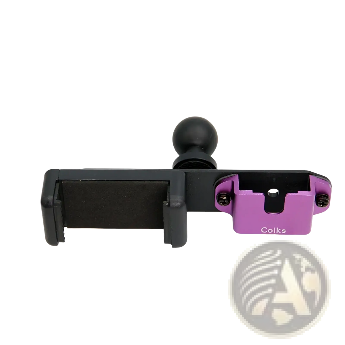 Purple and black colks walkie talkie mount bracket with 1/4 inch ball joint for versatile device attachment