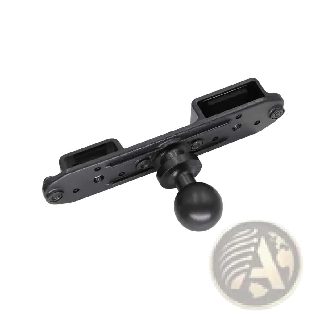 Black metal walkie talkie 1/4 ball joint mount bracket with rectangular base plate and two mounting slots