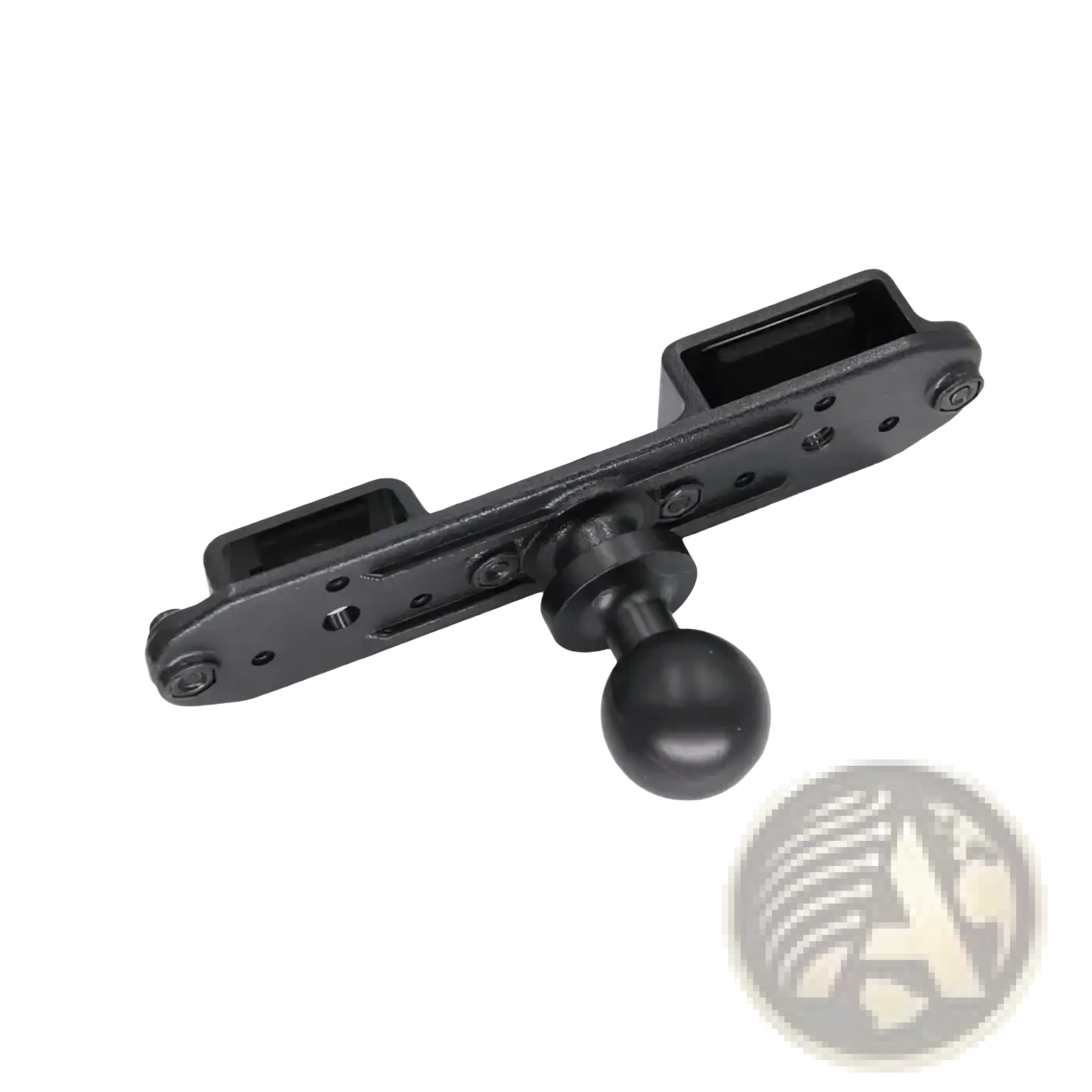 Black metal walkie talkie 1/4 ball joint mount bracket with rectangular base plate and two mounting slots