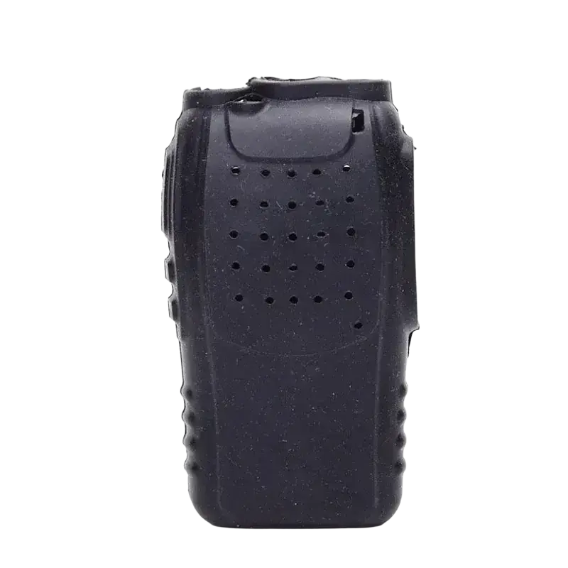 Black silicone case for baofeng bf 888s walkie talkie with textured grip and perforated panel visible on the back side
